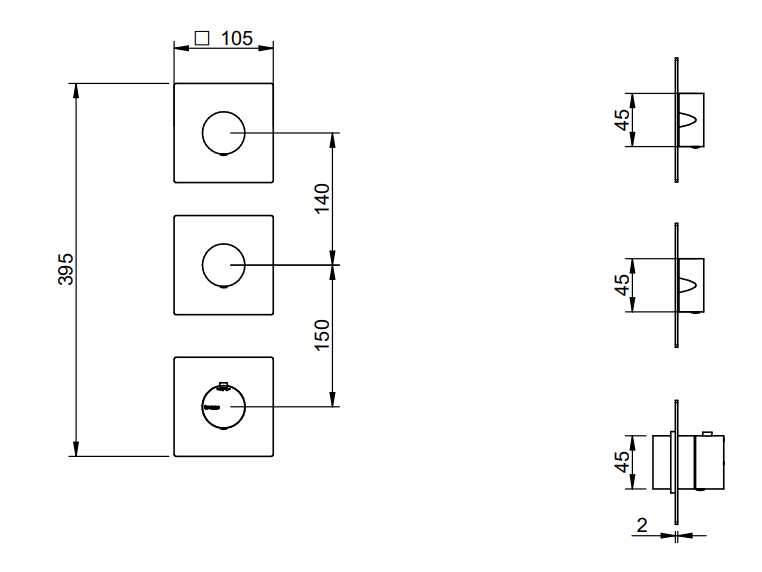 Disegno tecnico con quote di Treemme 3.6 RWIT2574IS01 miscelatore doccia termostatico a Acciaio - Rubinetterie Treemme