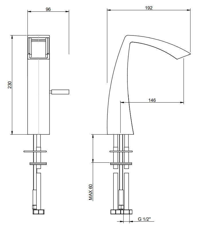 Treemme Arche miscelatore lavabo medio 180 mm a cascata Cromo Lucido, vista laterale del profilo e della forma...