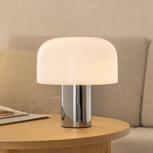Lampada da tavolo 33 cm in vetro opalino triplex bianco con base Bright aluminium Bellhop Glass T F1074009 Flos