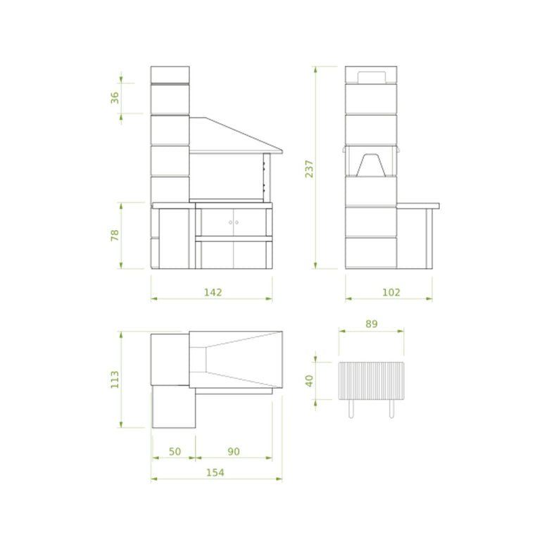 Palazzetti Faro New barbecue con braciere laterale e cappa Grigio accesa in soggiorno, fiamma visibile attraverso il vetro