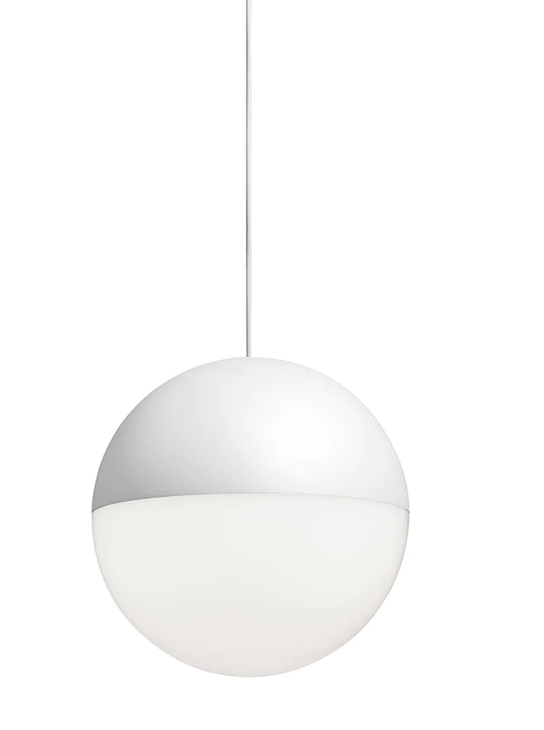 Flos String Light Testa A Sfera Lampada sospesa Bianco spenta, dettaglio del corpo lampada e dei materiali