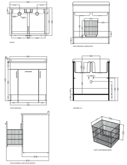 Colavene Twist mobile lavatoio 80X60 con due vasche e cesto portabiancheria bianco