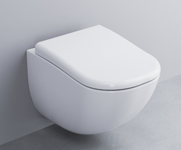 Cielo Fluid Wc Sospeso Senza Sedile Completo Di Fissaggi In in ceramica e lucido ambientato su piano bagno con accessori