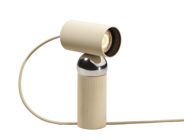 Flos Bilboquet linen lampada da tavolo direzionabile a bulbo Beige spenta, dettaglio del corpo lampada e dei materiali