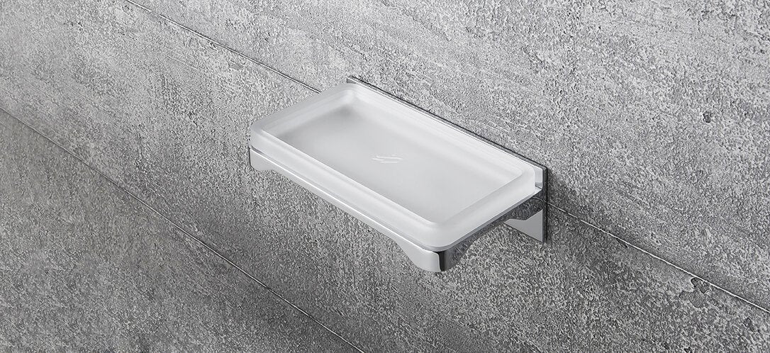 Colombo Forever Porta Sapone a muro in Vetro Acid Naturale Cromo Vetro, dettaglio ravvicinato del materiale e...