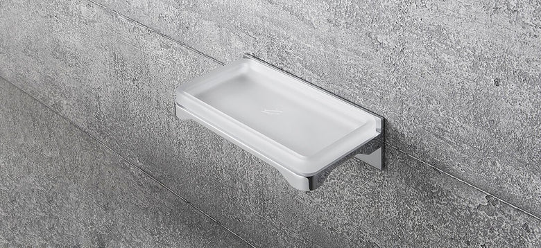 Colombo Forever Porta Sapone a muro in Vetro Acid Naturale Cromo Vetro, dettaglio ravvicinato del materiale e...