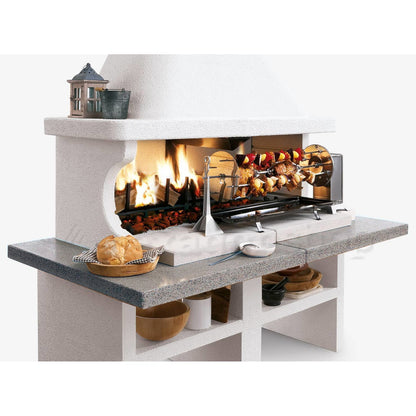 Palazzetti Patmos barbecue a legna con due aree grill e piano in marmotech effetto granito grigio