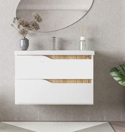 Mobile bagno 80x46 Gaia quercia naturale bianco lucido con lavabo