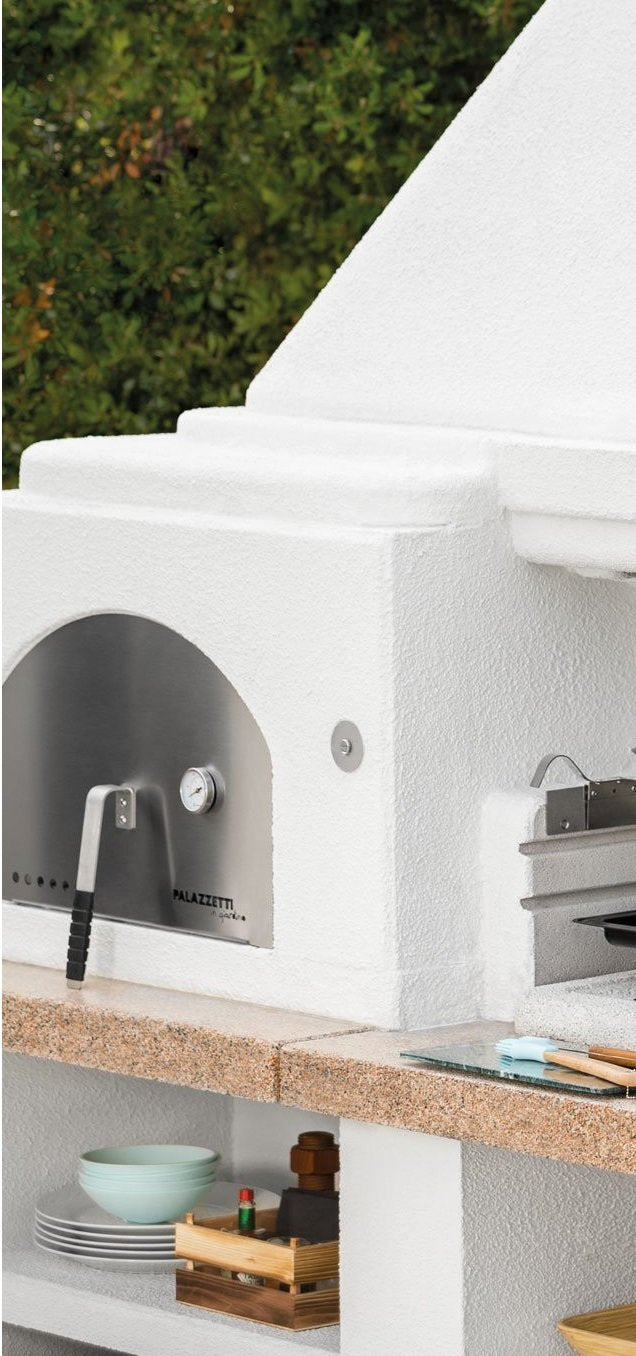 Palazzetti Gargano 3 barbecue a legna grezzo con forno e, vista laterale che mostra profilo e dimensioni