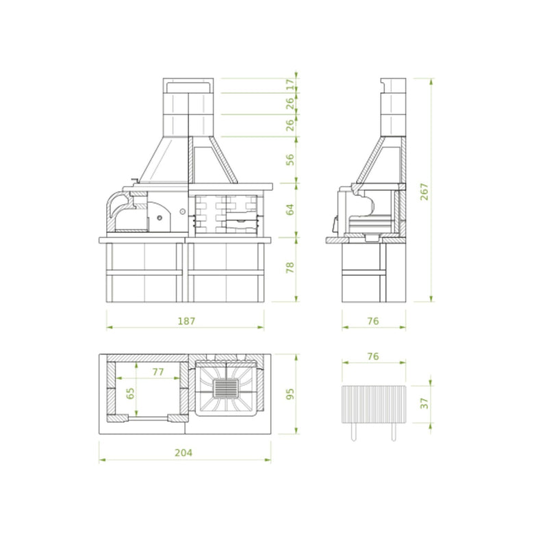 Schema tecnico di installazione di Palazzetti Gargano 3 barbecue a legna grezzo con forno e con canna fumaria
