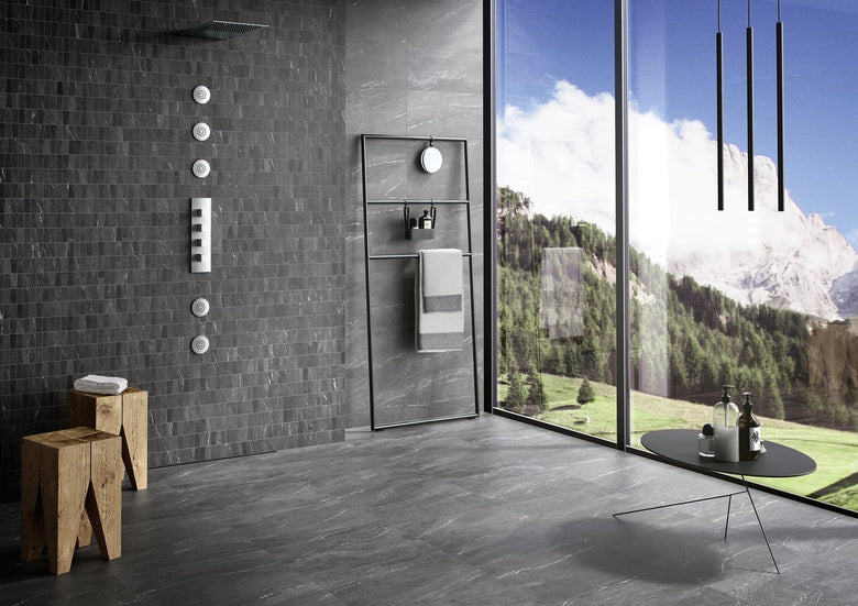 Pavimento Rivestimento 604X906 mm In Gres Porcellanato dark in ambientazione completa, vista d'insieme della stanza