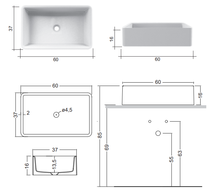 Nic Semplice Lavabo 60x37 Da Appoggio Senza Troppo Pieno In Verde Acqua Bianco ambientato su piano bagno con accessori...
