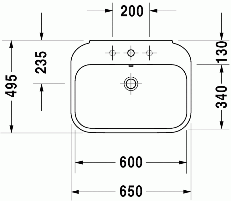 Lavabo Monoforo 65x49 per colonna Con Troppopieno e, vista laterale del profilo e della forma
