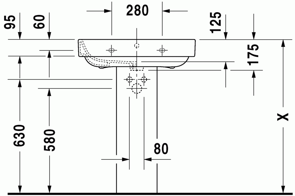Lavabo Monoforo 65x49 per colonna Con Troppopieno e, vista frontale su sfondo bianco