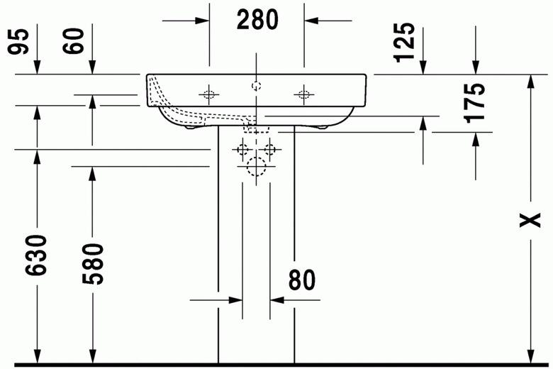 Lavabo Monoforo 65x49 per colonna Con Troppopieno e, vista frontale su sfondo bianco