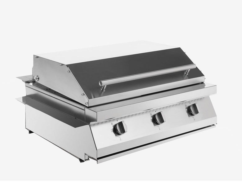 Palazzetti Gioia barbecue a gas da appoggio con piastra Acciaio in acciaio inox accesa in soggiorno, fiamma visibile...