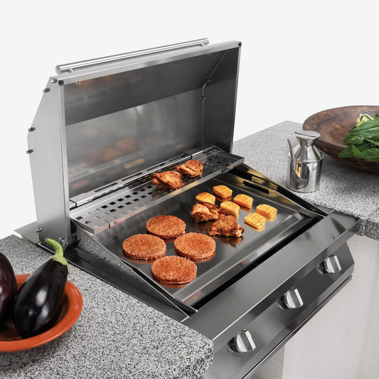 Palazzetti Gioia barbecue a gas da appoggio con piastra Acciaio, vista laterale che mostra profilo e dimensioni