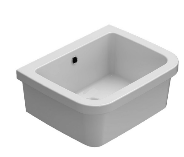 Globo Iris pilozzo lavatoio 51x44 in ceramica Bianco Lucido installato su lavello, vista della bocca e della leva...