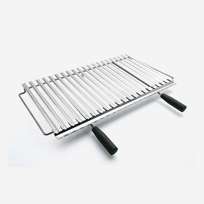 Palazzetti griglia 76x37 cottura bio con manici Acciaio in acciaio inox accesa in soggiorno, fiamma visibile attraverso...