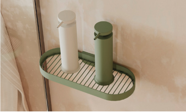 Griglia portasapone doccia a muro olive Geyser in bagno completo, vista d'insieme dell'ambiente - Industrias Cosmic