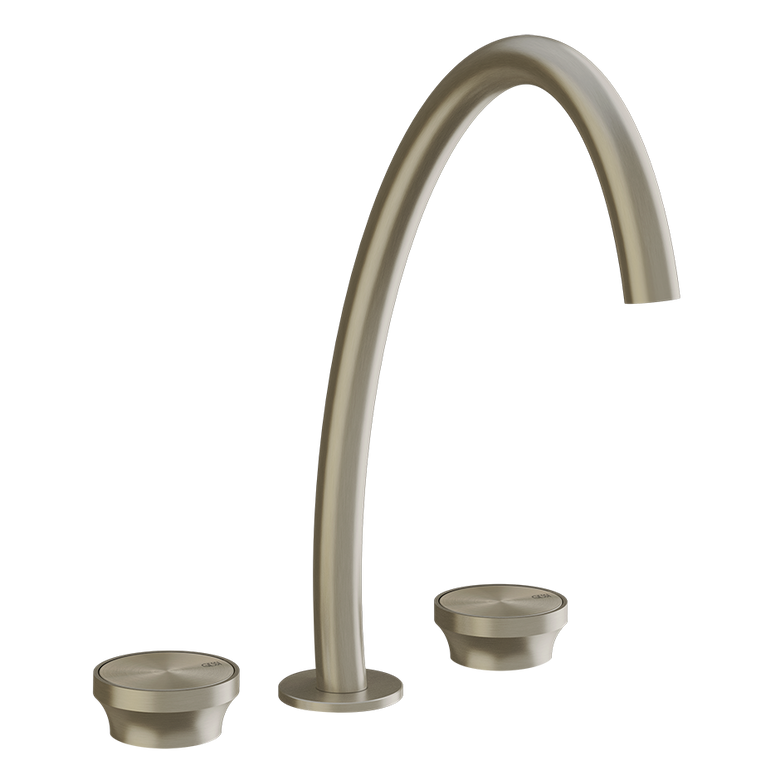 Gessi Gruppo lavabo 3 fori alto senza scarico brass brushed ambientato su piano bagno con accessori
