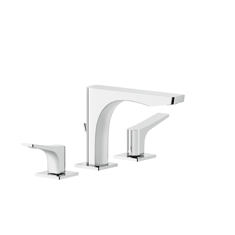 Gessi Gruppo lavabo 3 fori con scarico cromo rilievo Cromo Lucido ambientato su piano bagno con accessori
