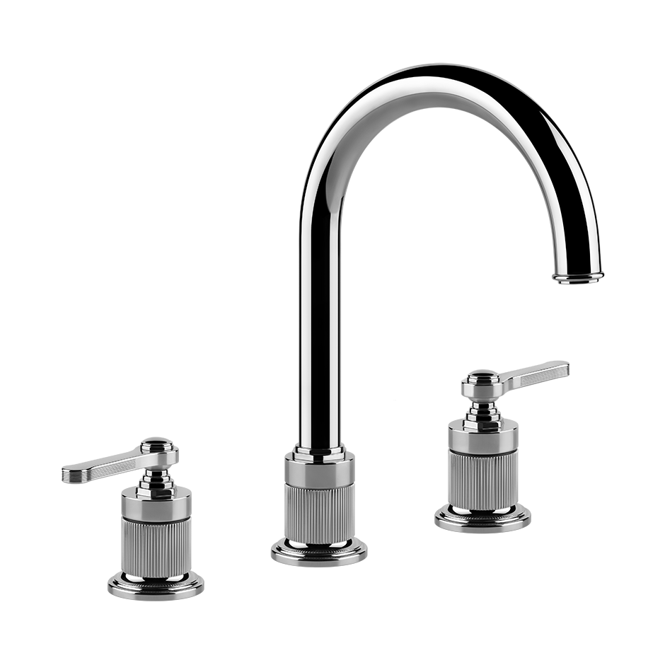 Gessi Gruppo lavabo 3 fori medio con bocca a ombrello con Cromo Lucido ambientato su piano bagno con accessori