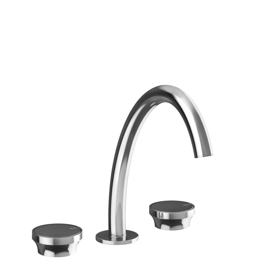 Gessi Origini Gruppo Lavabo 3 fori medio cromo senza scarico Cromato in lucido ambientato su piano bagno con accessori