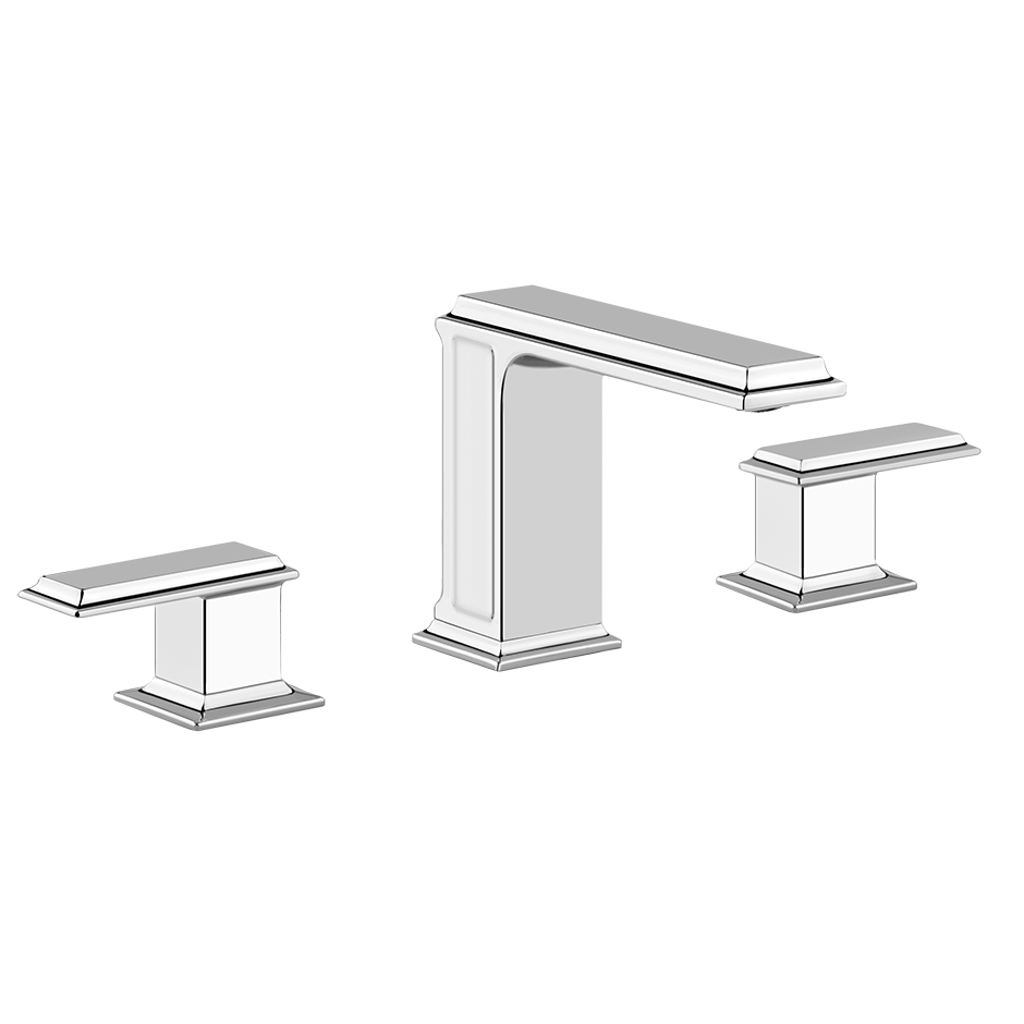 Gruppo lavabo 3 fori senza scarico con flessibili cromo Cromo Lucido ambientato su piano bagno con accessori