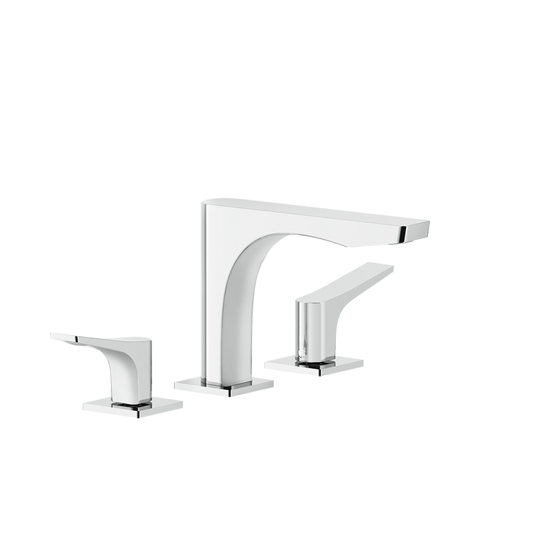 Gessi Rilievo Gruppo lavabo 3 fori senza scarico cromo Cromo Lucido ambientato su piano bagno con accessori