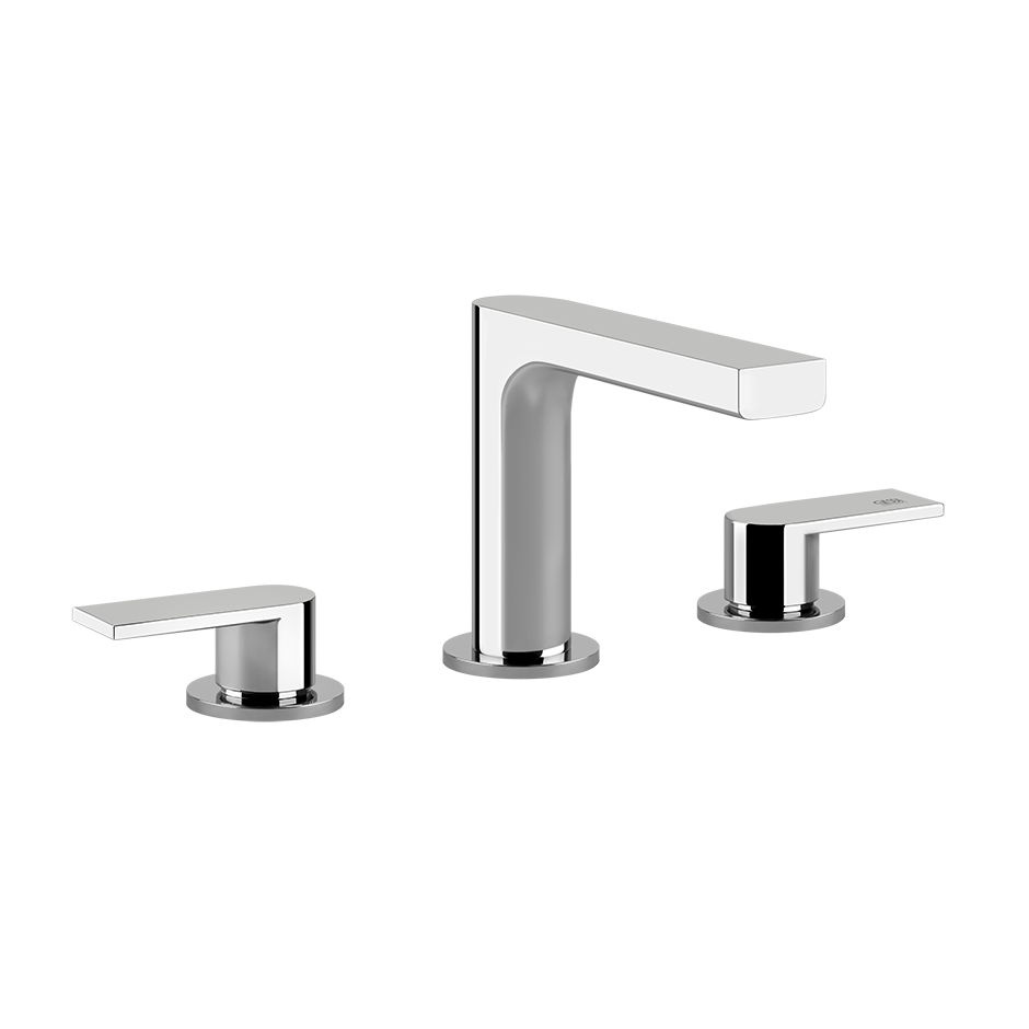 Via Manzoni Gessi Gruppo lavabo 3 fori cromo via manzoni ambientato su piano bagno con accessori