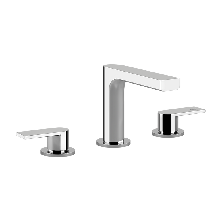 Via Manzoni Gessi Gruppo lavabo 3 fori cromo via manzoni ambientato su piano bagno con accessori