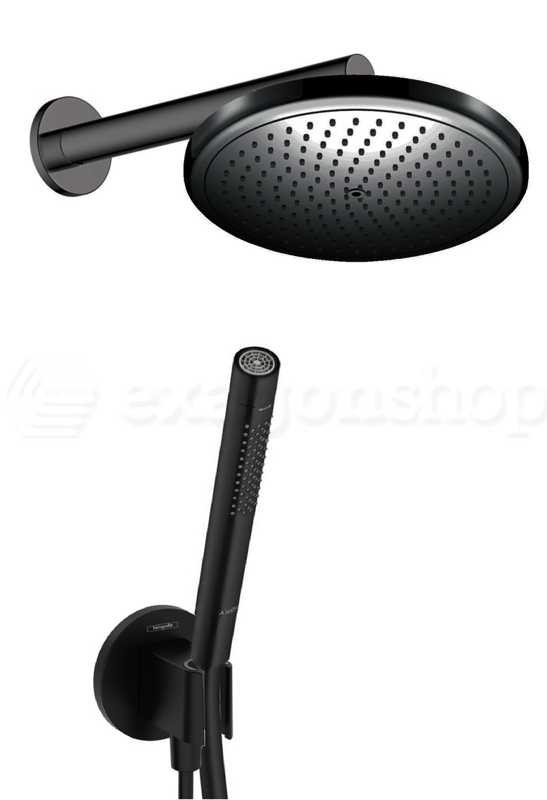 Hansgrohe kit doccia con soffione croma 1jet 28 cm braccio, dettaglio ravvicinato della finitura e del marchio