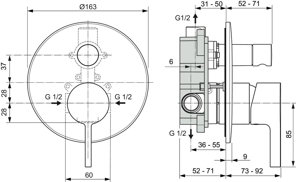 Disegno tecnico con quote di Ideal standard a7386aa joy parte esterna miscelatore Cromo Lucido