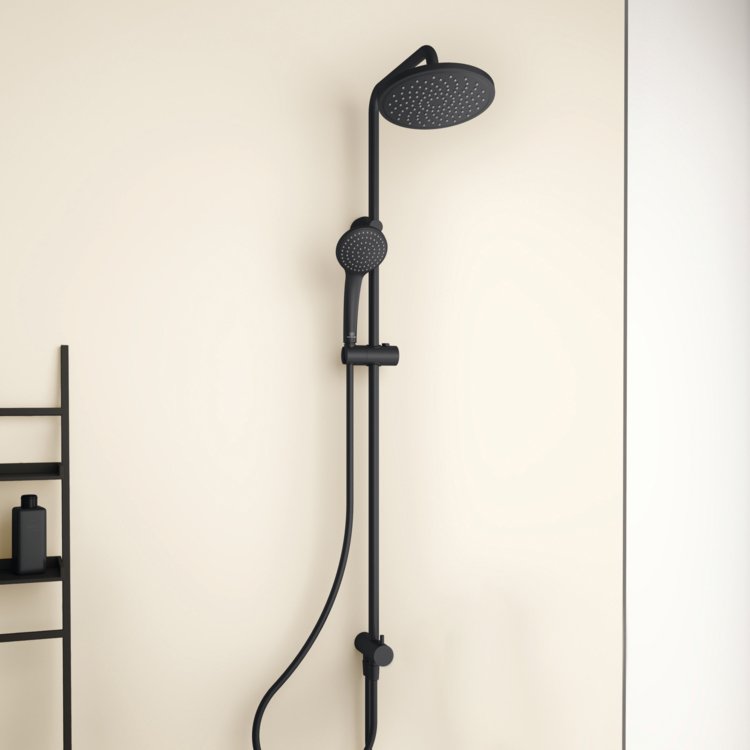 ideal standard idealrain colonna doccia con deviatore Nero Opaco, vista frontale della maniglia e della bocca di erogazione