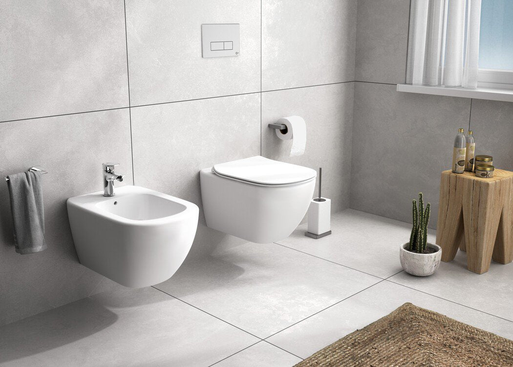 Ideal standard Tesi Aquablade Coppia sanitari Vaso e Bidet visto dall'alto con scarico e interno visibili