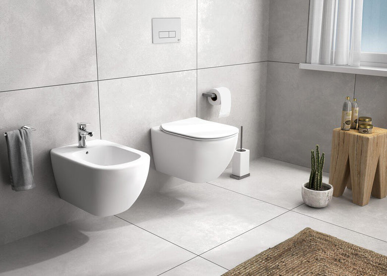 Ideal standard Tesi Aquablade Coppia sanitari Vaso e Bidet visto dall'alto con scarico e interno visibili