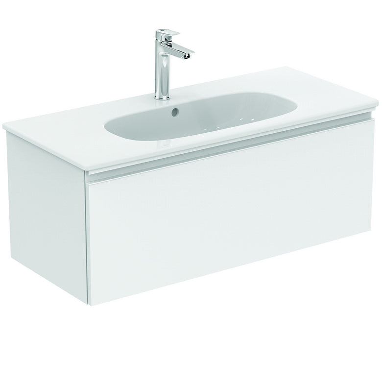 Ideal Standard Tesi Lavabo Top 100x45 con Foro centrale ambientato su piano bagno con accessori