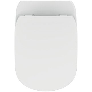 Ideal Standard Tesi Vaso sospeso AquaBlade con sedile slim Bianco Opaco ambientato su piano bagno con accessori