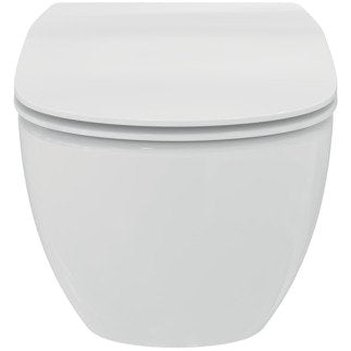 Ideal Standard Tesi Vaso sospeso AquaBlade con sedile slim Bianco Opaco ambientato su piano bagno con accessori