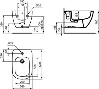 Ideal Standard Tesi Bidet Sospeso monoforo Bianco, vista laterale del profilo e della forma