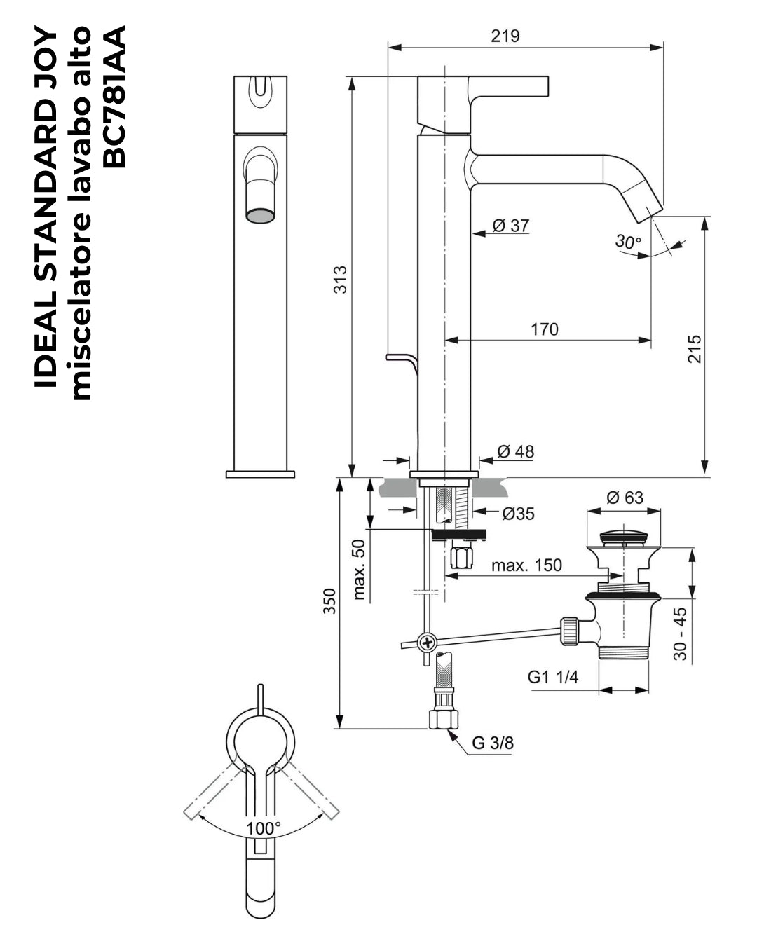 Ideal standard joy bc781aa miscelatore lavabo alto con asta cromo