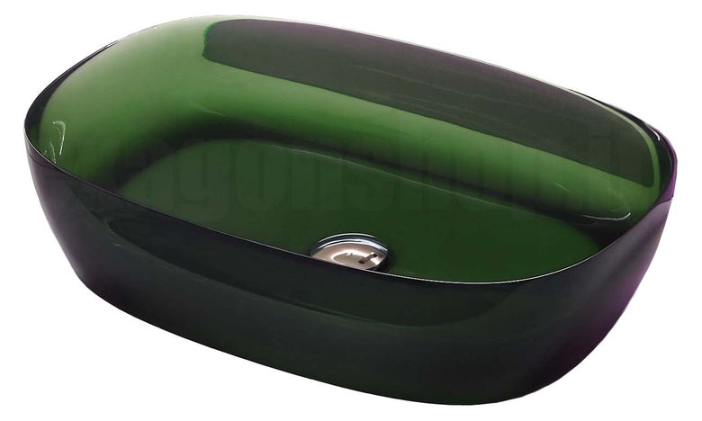 Antonio Lupi Senso Lavabo 60x40 In Cristalmood Bottiglia ambientato su piano bagno con accessori - Antonio Lupi Design
