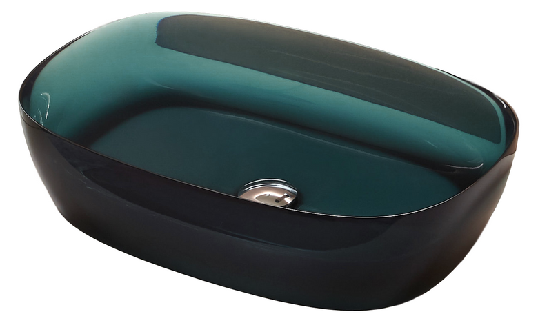 Antonio Lupi Senso Lavabo 60x40 In Cristalmood Petrolio ambientato su piano bagno con accessori - Antonio Lupi Design