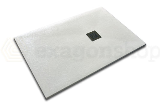 Piatto Doccia 80x120 Desio effetto pietra in Mineralmarmo ambientato in box doccia con pareti in vetro - Exagonshop