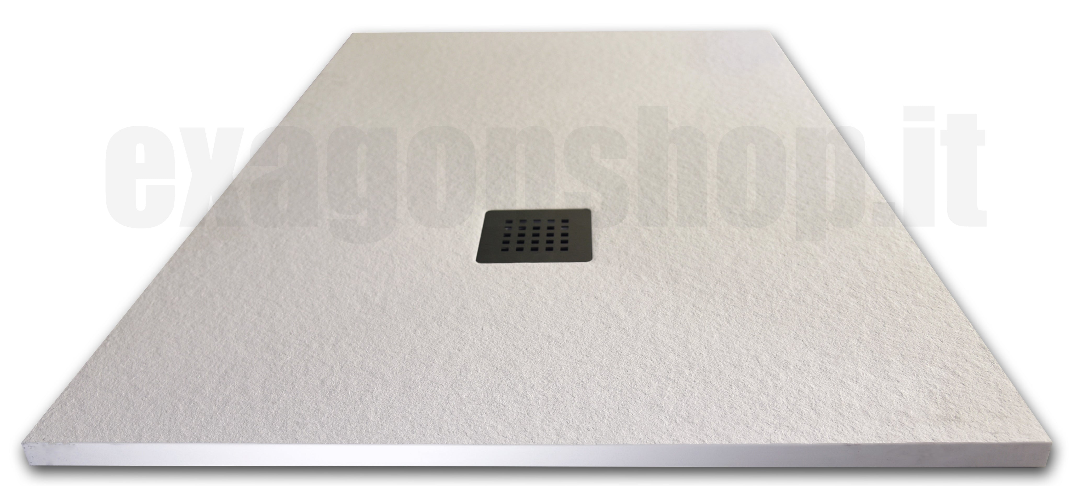 Piatto Doccia 140x80 effetto Pietra bianco neve con 00 Bianco ambientato in box doccia con pareti in vetro