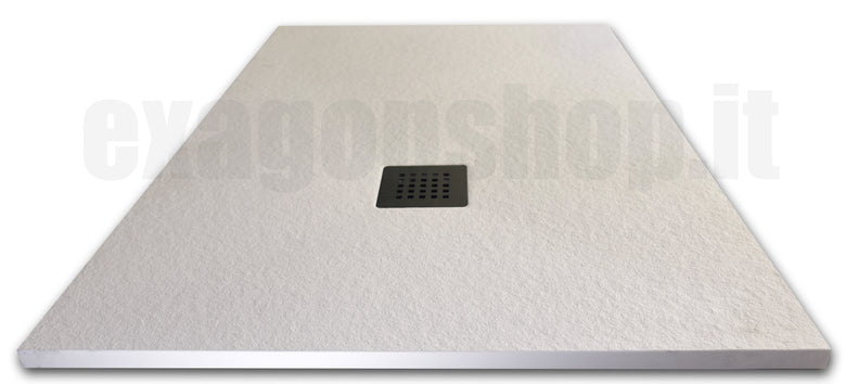 Piatto Doccia 140x80 effetto Pietra bianco neve con 00 Bianco ambientato in box doccia con pareti in vetro