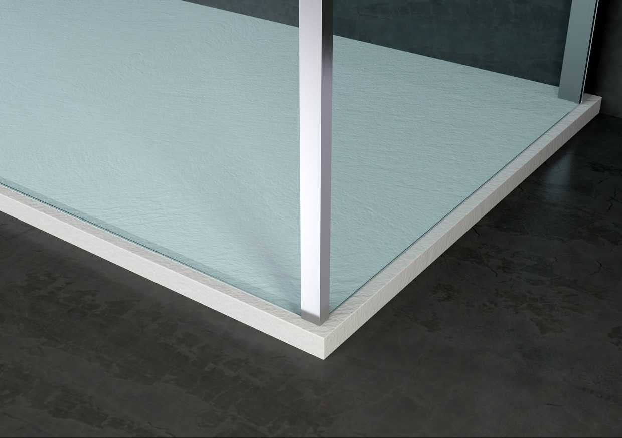 Piatto Doccia 140x80 effetto Pietra bianco neve con 00 Bianco, vista laterale dello spessore e del bordo