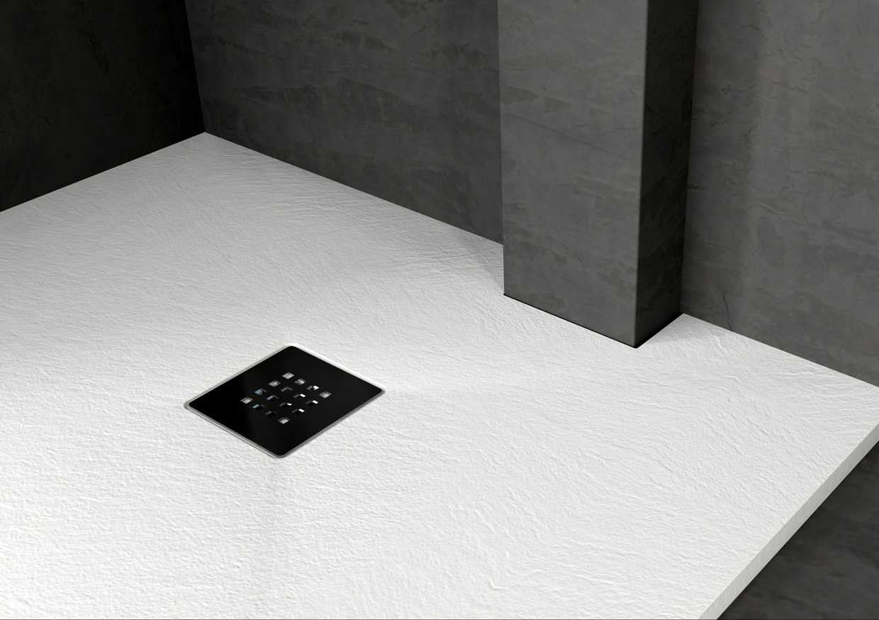 Piatto Doccia 140x80 effetto Pietra bianco neve con 00 Bianco visto dall'alto con superficie e piletta di scarico