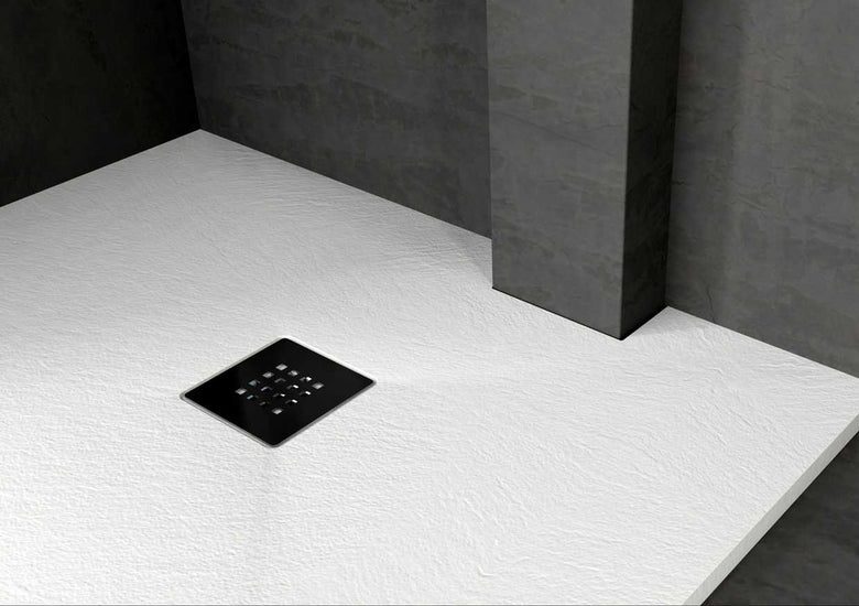 Piatto Doccia 140x80 effetto Pietra bianco neve con 00 Bianco visto dall'alto con superficie e piletta di scarico